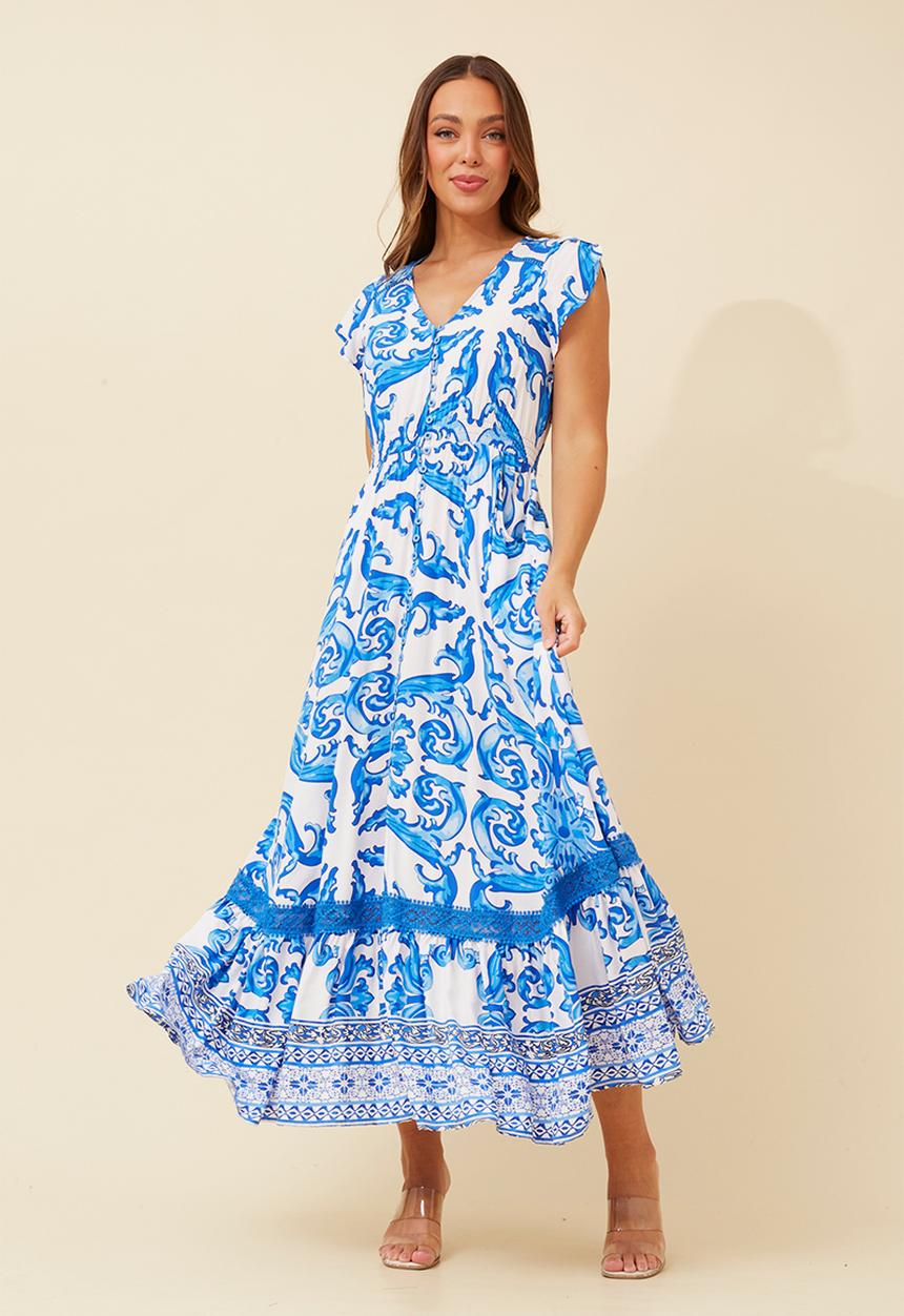 Stella Morgan - Cap Sleeve With Flutter V-Neck Button Through Maxi Dress With Border Print Detail - Multi Blue
