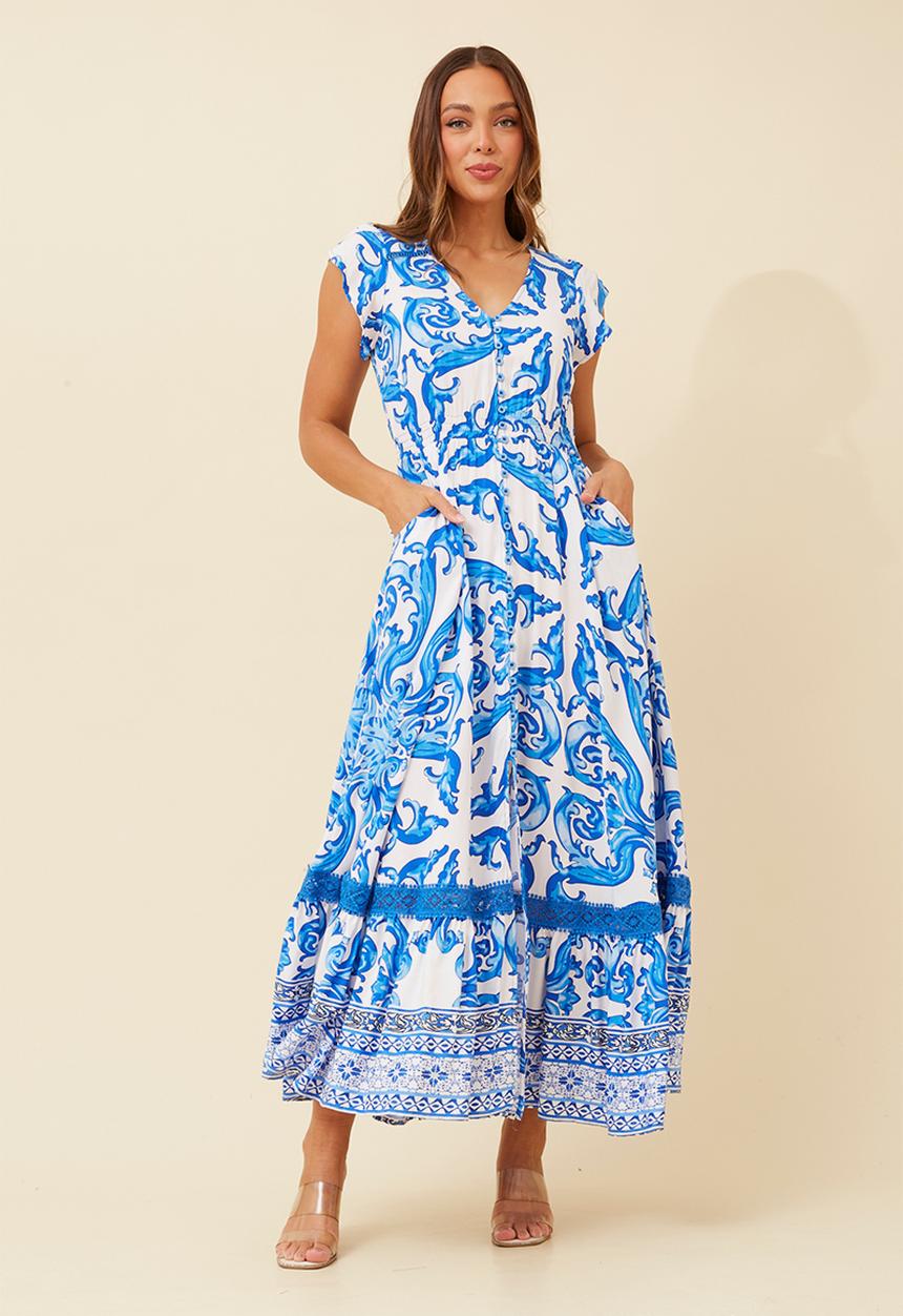 Stella Morgan - Cap Sleeve With Flutter V-Neck Button Through Maxi Dress With Border Print Detail - Multi Blue