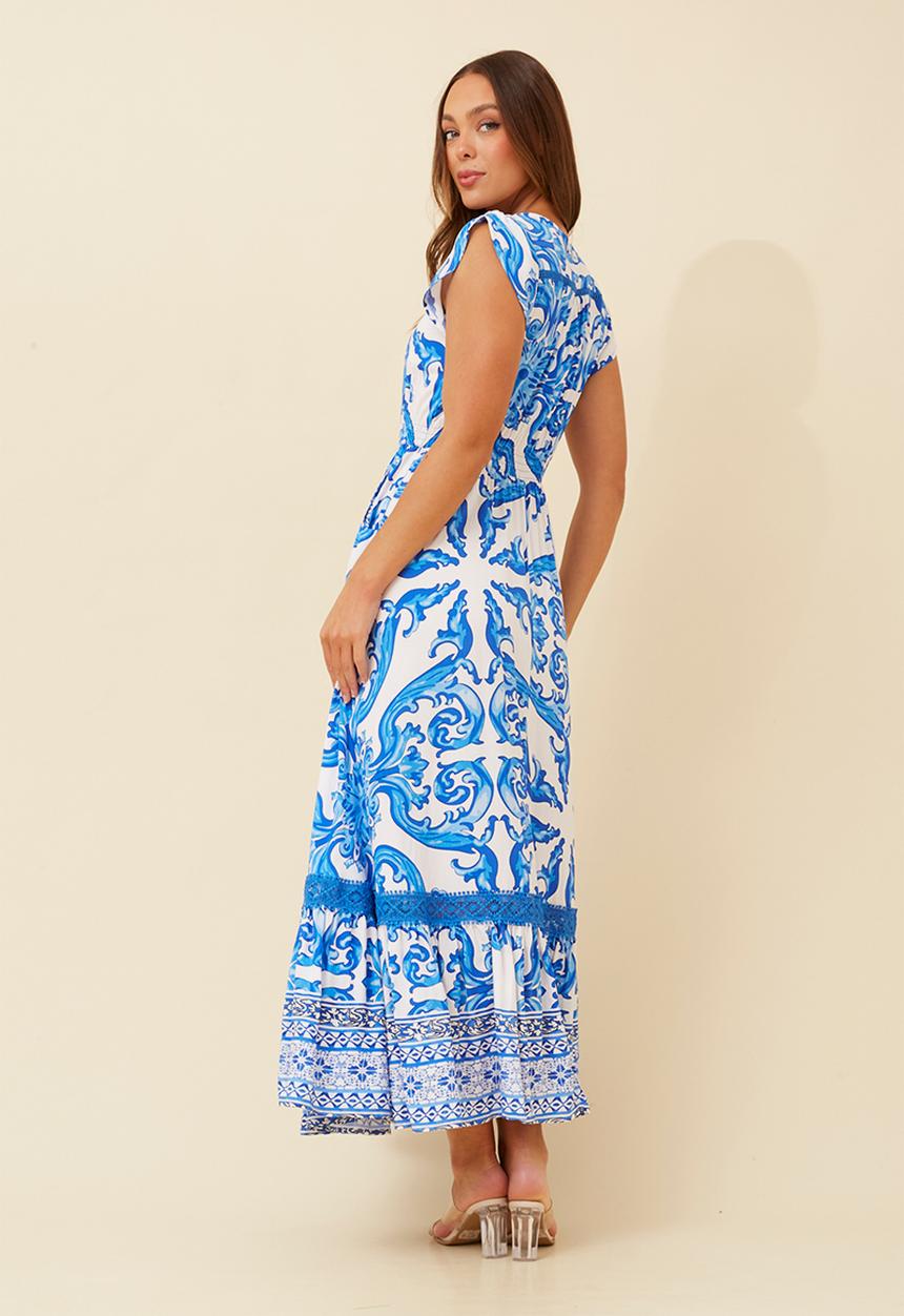 Stella Morgan - Cap Sleeve With Flutter V-Neck Button Through Maxi Dress With Border Print Detail - Multi Blue