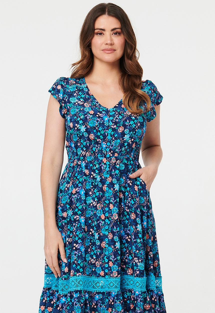 Stella Morgan - Cap Sleeve With Flutter V-Neck Button Through Midi Dress With Border Print Detail - Multi Navy
