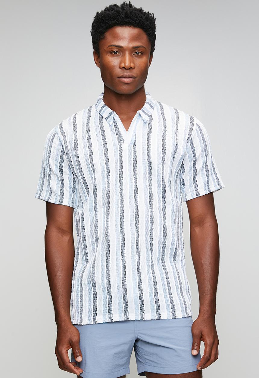 Brave Soul - Mens trophy neck short sleeve self verigo - white/black/lt blue
