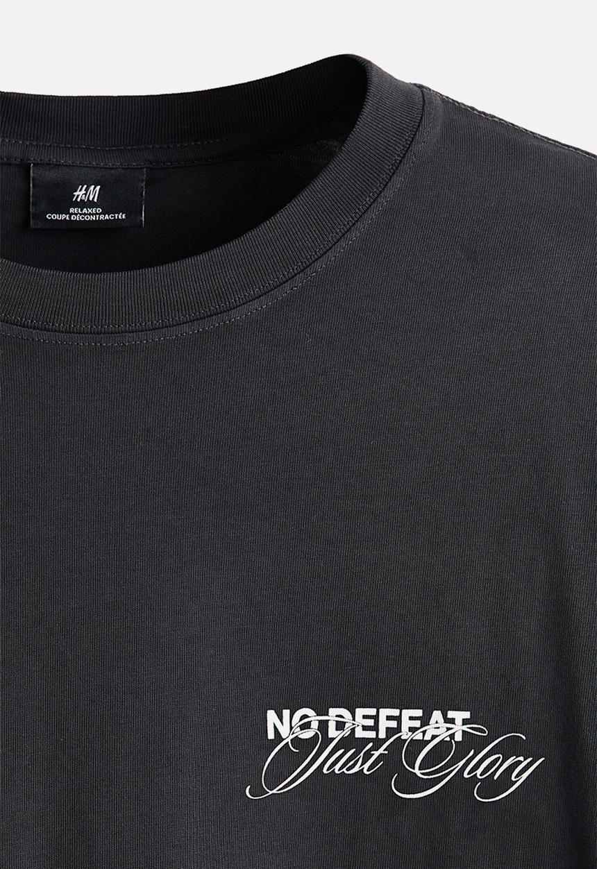 H&M - Loose fit printed T-shirt - dark grey/no defeat
