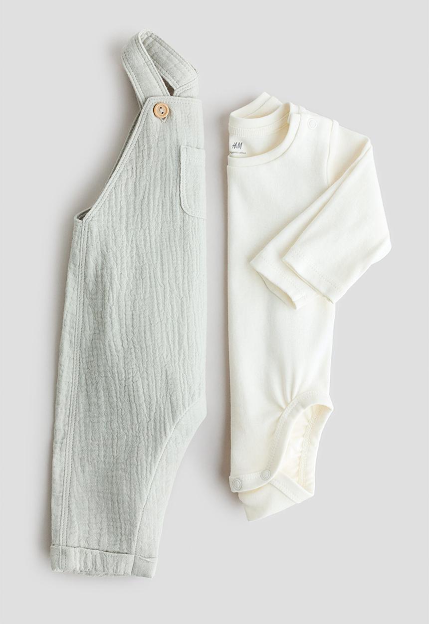 H&M - 2-piece cotton set - light green/white