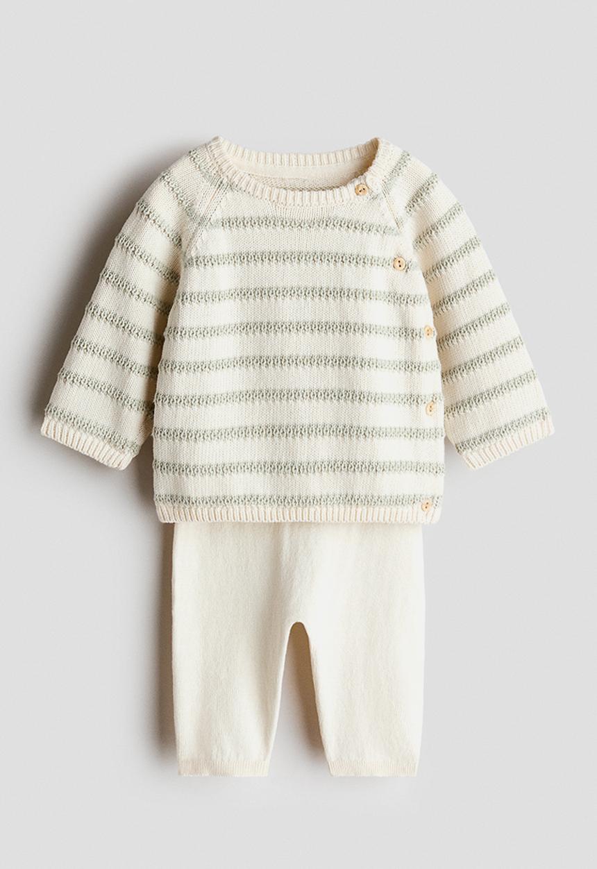 H&M - 2-piece cotton-knit set - cream/light green