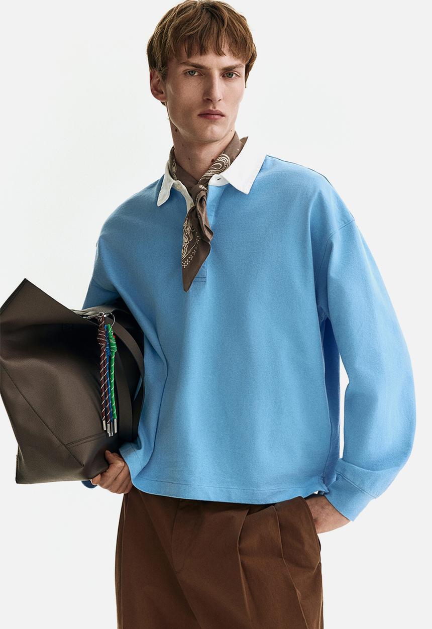 H&M - Loose fit cotton polo shirt - light blue/colour block