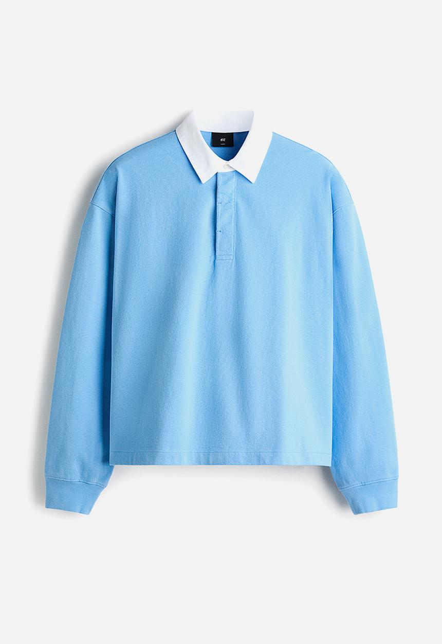 H&M - Loose fit cotton polo shirt - light blue/colour block