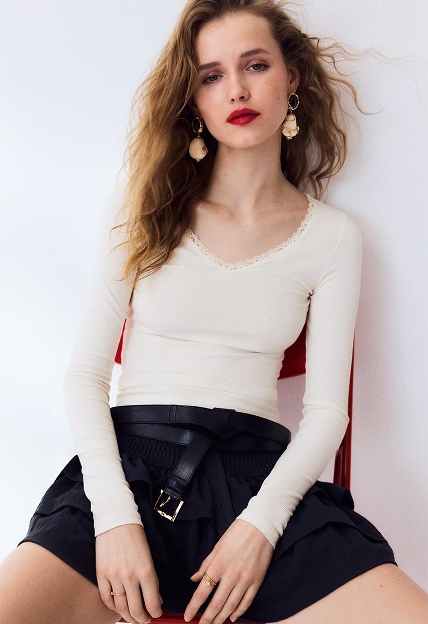 H&M - Lace-trimmed jersey top - cream