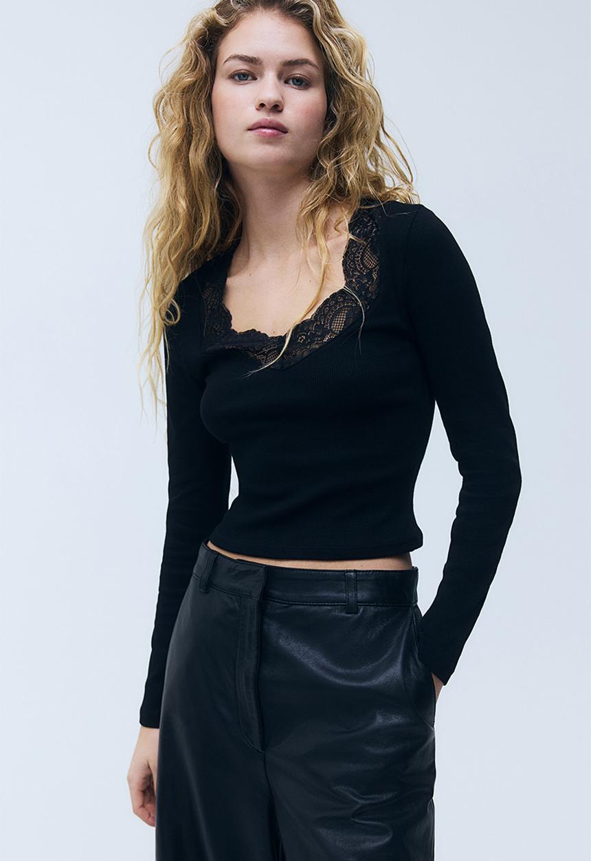 H&M - Lace-trimmed jersey top - black
