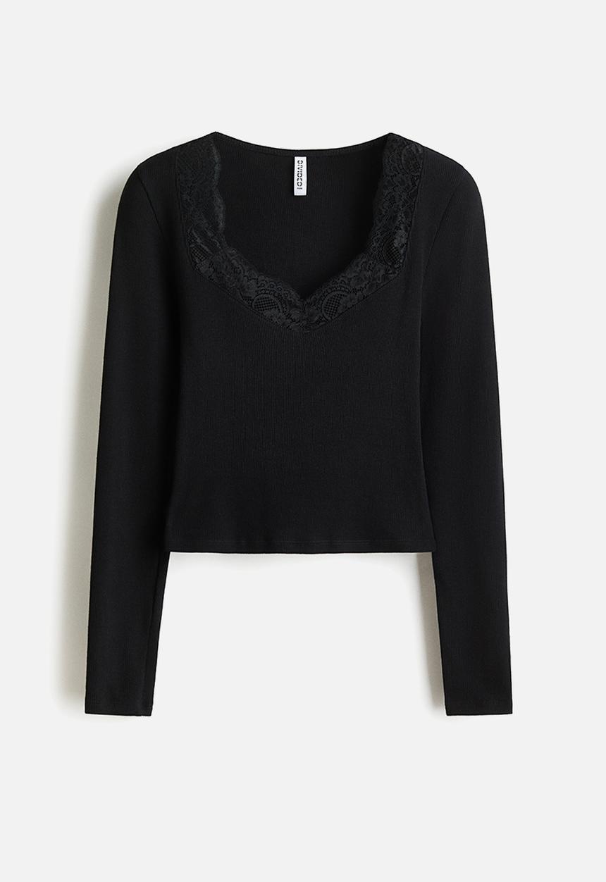 H&M - Lace-trimmed jersey top - black