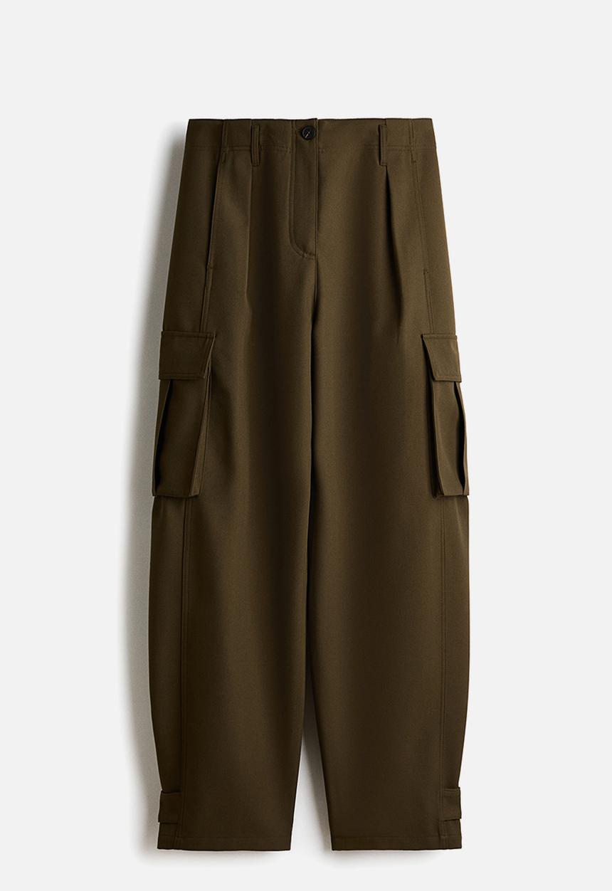 H&M - Barrel-leg cargo trousers - dark khaki green