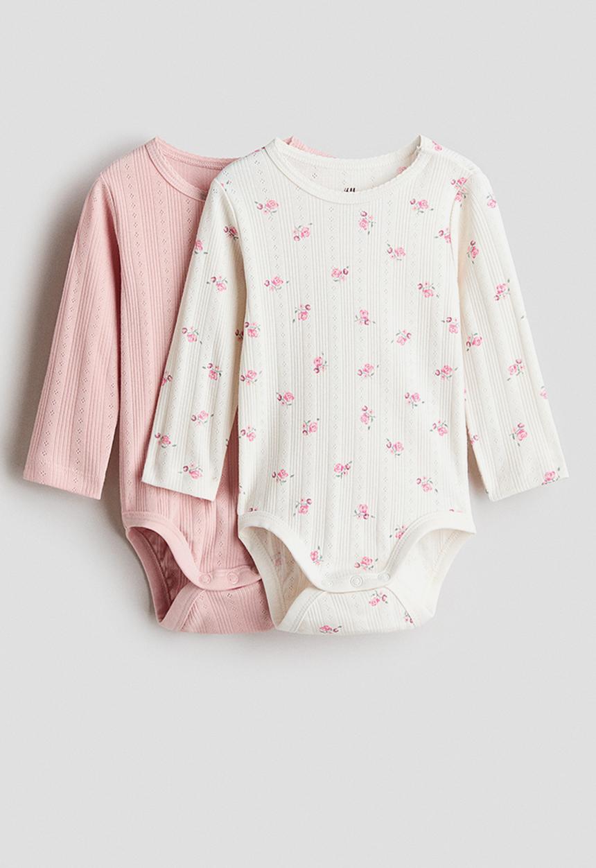 H&M - 2-pack cotton pointelle bodysuits - light pink/floral