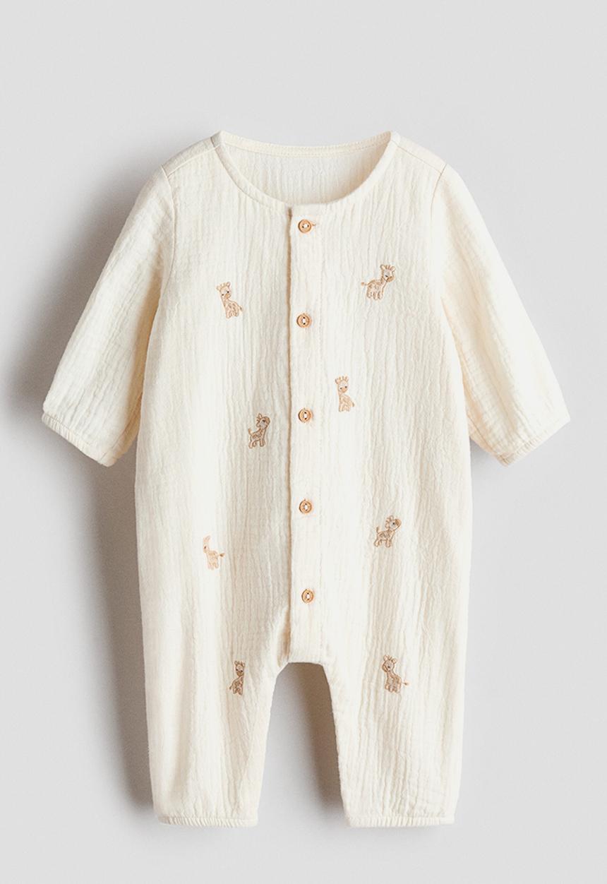 H&M - Embroidery-detail romper suit - light beige/giraffes