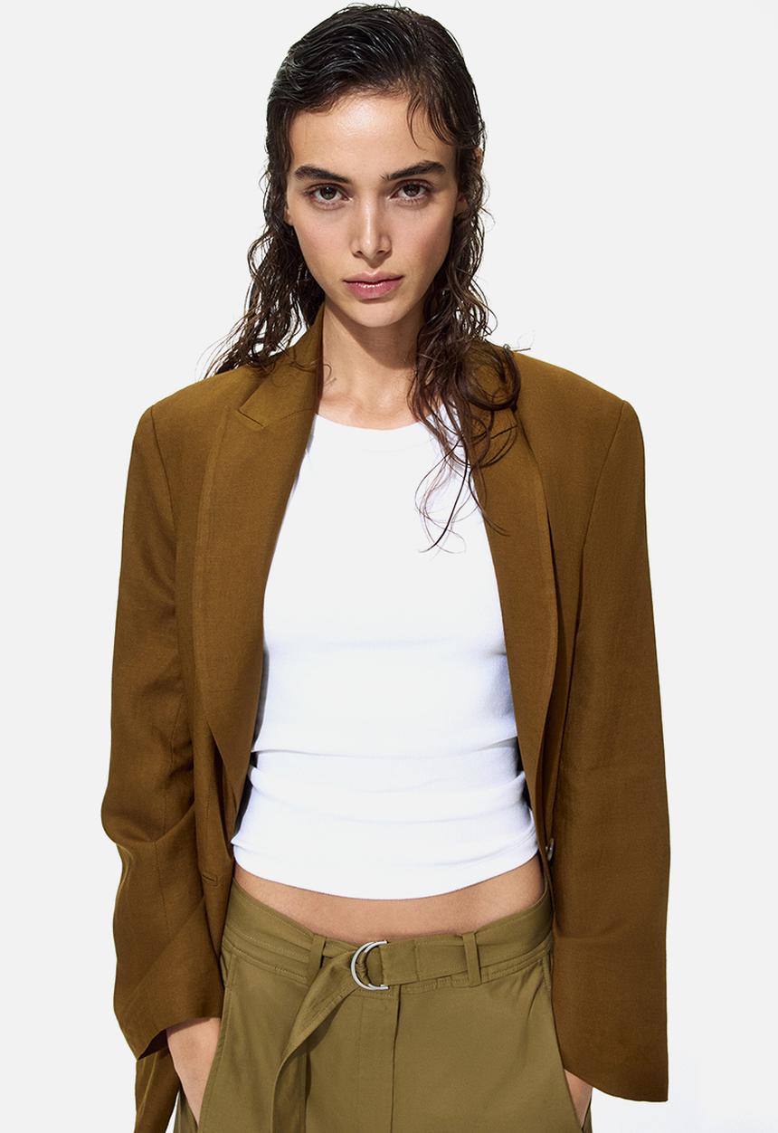 H&M - Linen-blend blazer - dark khaki green