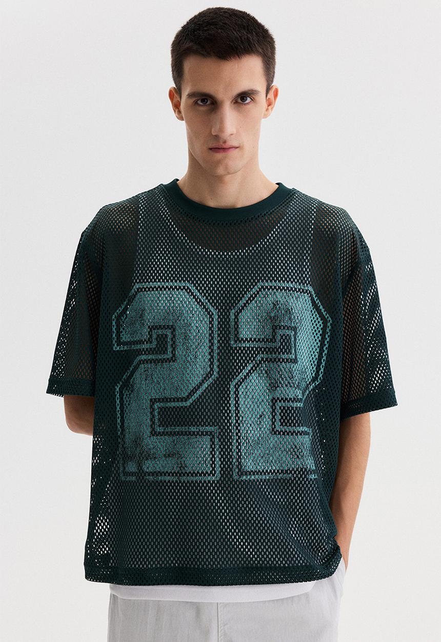 H&M - Oversized fit printed mesh t-shirt - dark teal/22