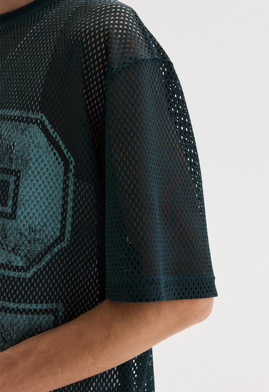 H&M - Oversized fit printed mesh t-shirt - dark teal/22