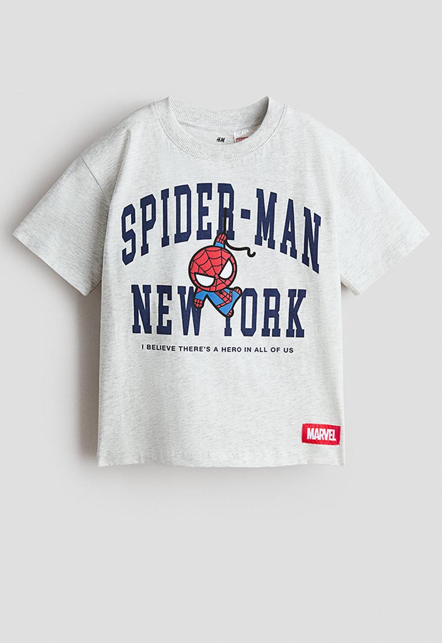 H&M - Loose-fit printed t-shirt - light grey marl/spider-man