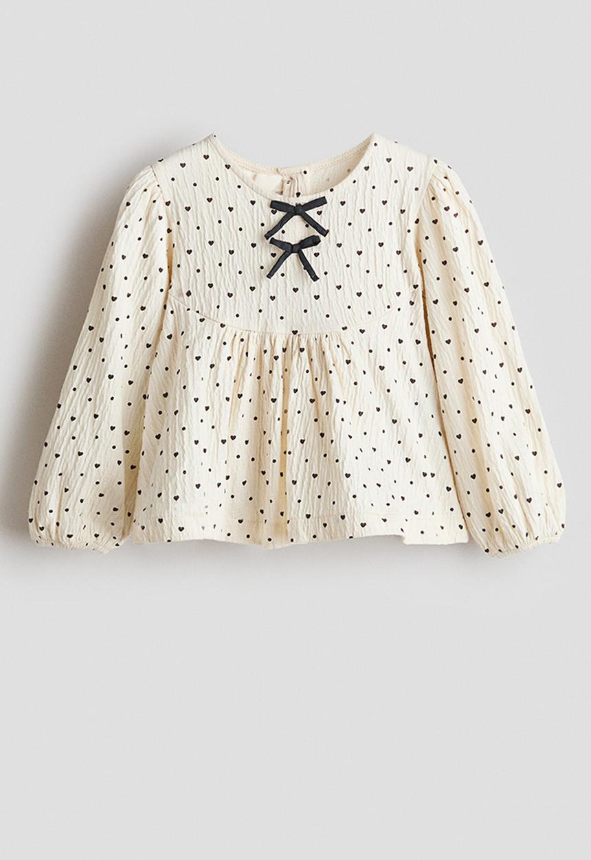H&M - Bow-detail crinkled blouse - cream/hearts