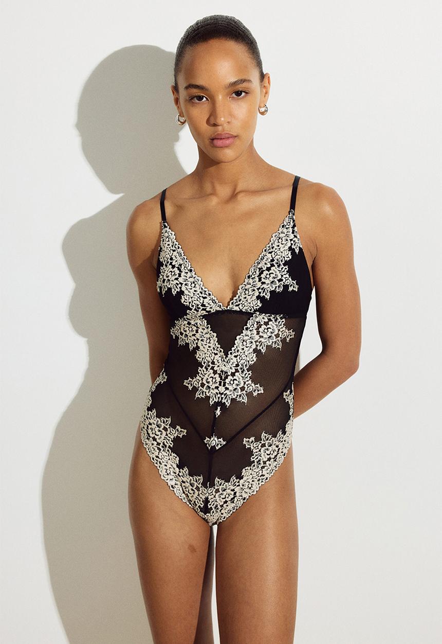 H&M - Padded-cup lace body - black/cream