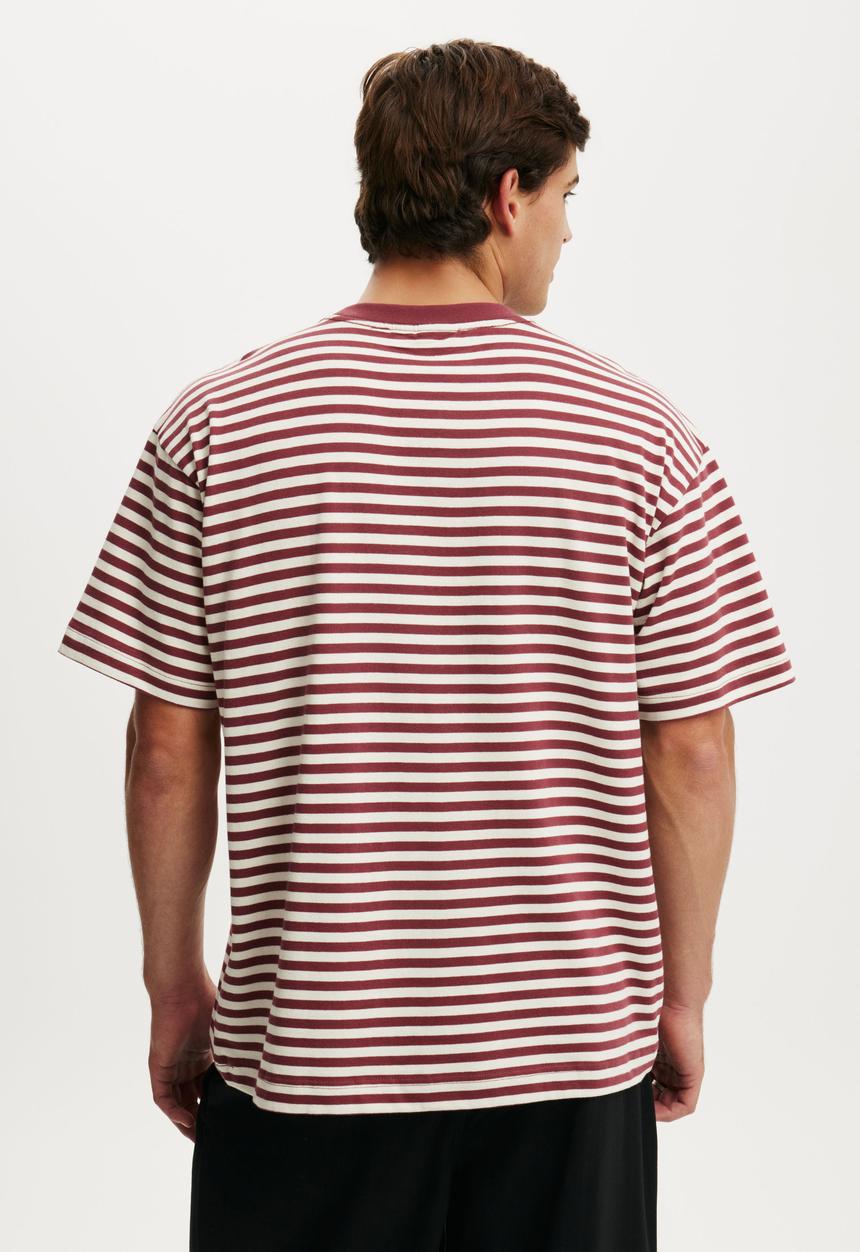 Cotton On - Box Fit T-shirt - Redwood/Oat Stripe