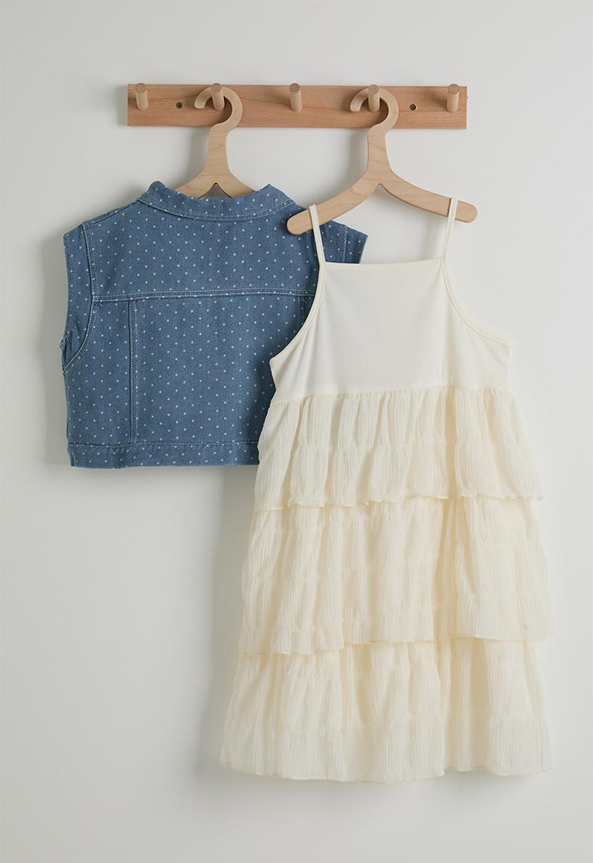 Pop Candy - Tiered dress with denim jacket - white & blue