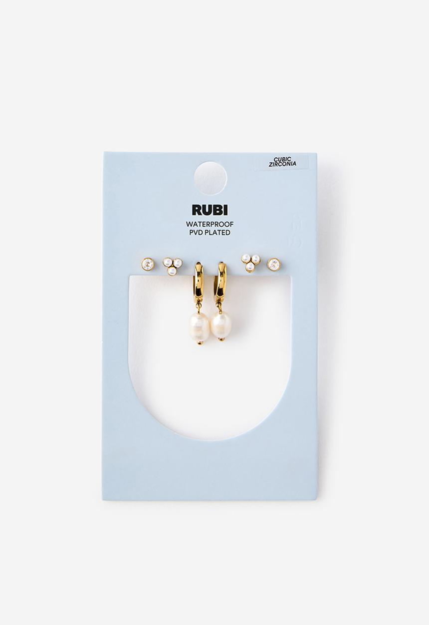 Rubi - Waterproof 3Pk Small Earring - Gold Plated Pearl Drop Cluster Cz Stud