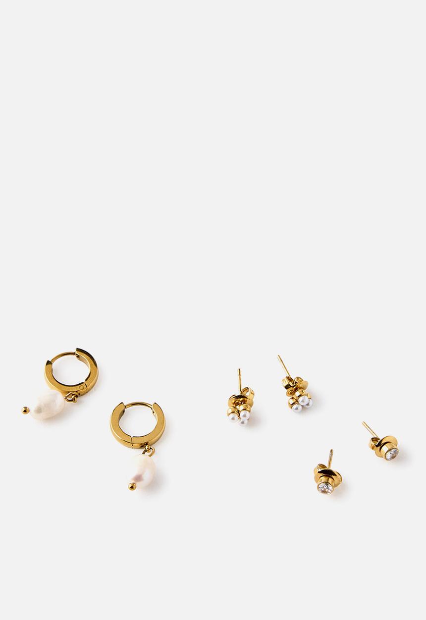 Rubi - Waterproof 3Pk Small Earring - Gold Plated Pearl Drop Cluster Cz Stud