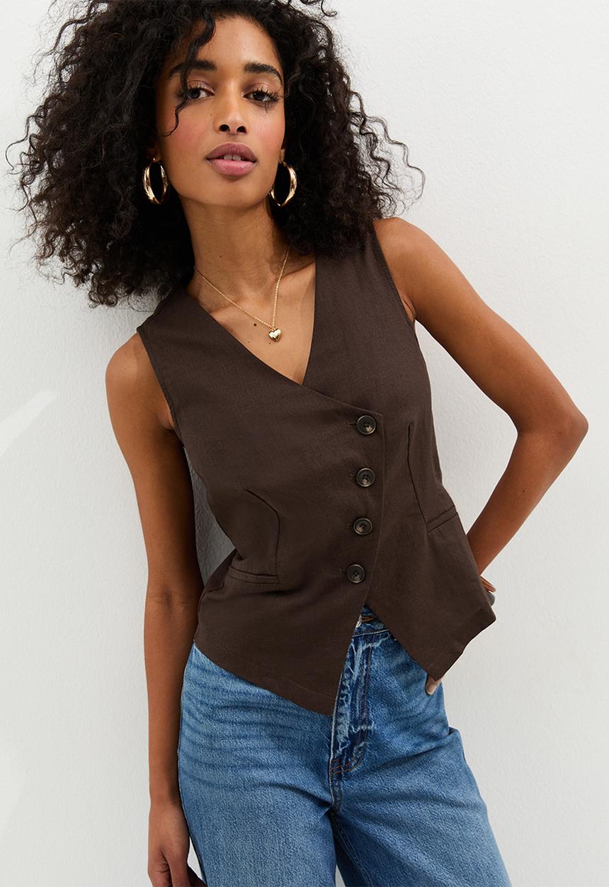 New Look - K lila linen asym waistcoat - mid brown