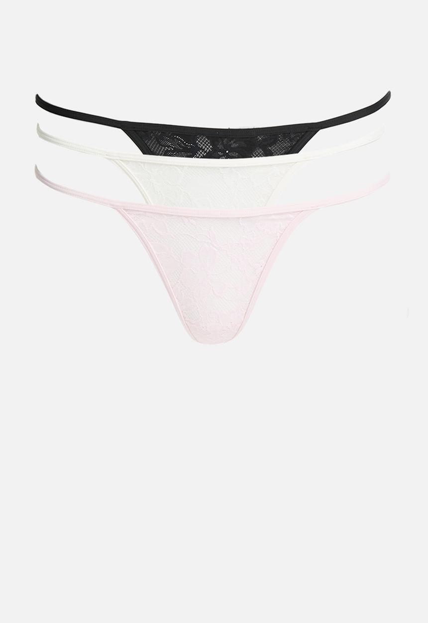 Cotton On - Tanga lace g string brief 3 pack - black/coconut milk/pink kiss