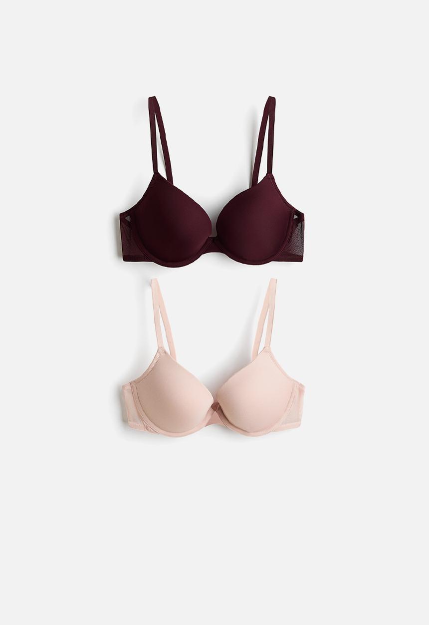 H&M - 2-pack microfibre push-up bras - burgundy/powder pink