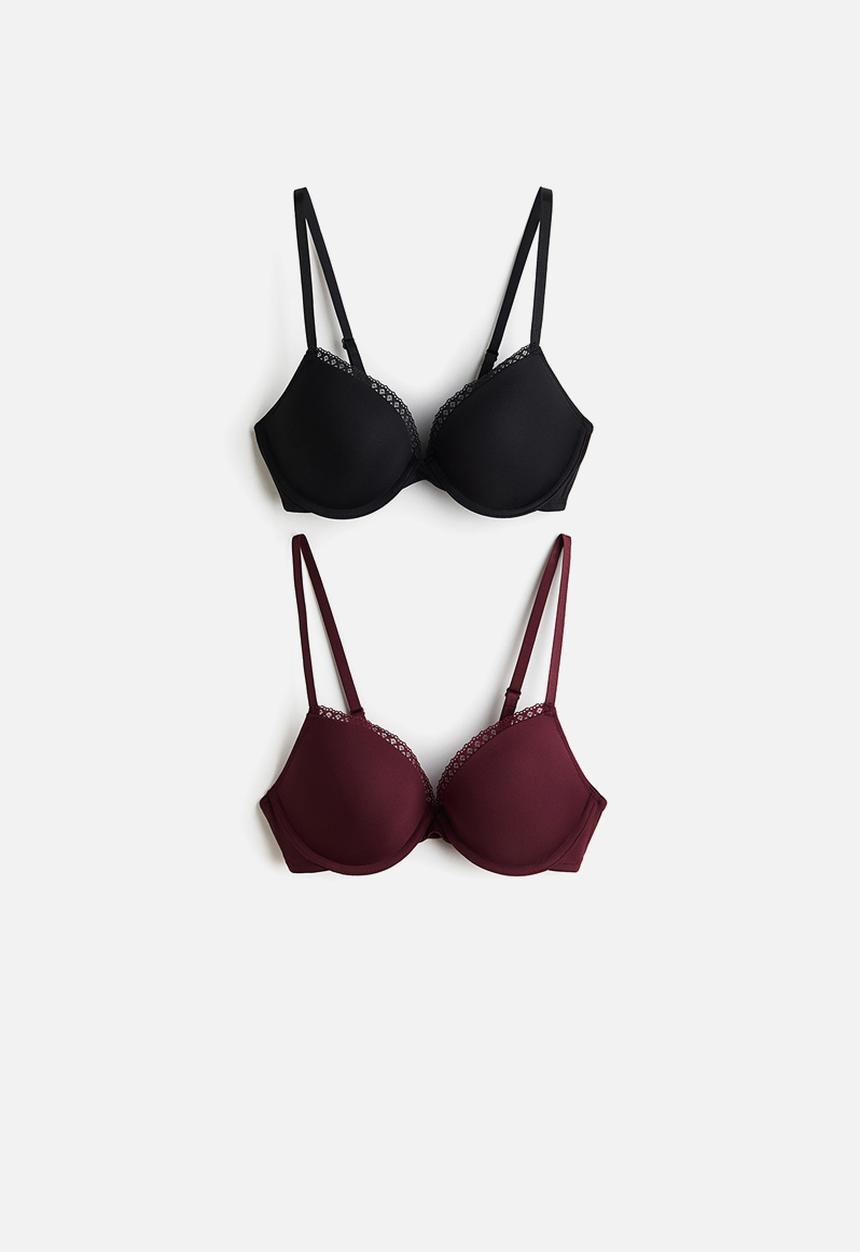 H&M - 2-pack microfibre push-up bras - burgundy/black