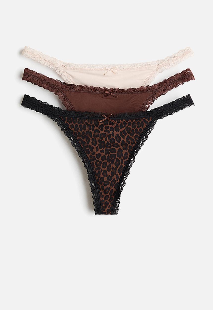 H&M - 3-pack microfibre tanga thong briefs - dark brown/leopard print