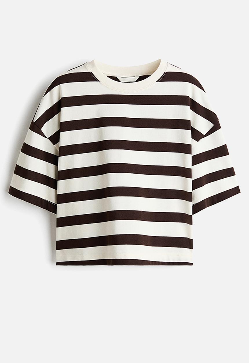 H&M - Boxy t-shirt - white/dark brown striped