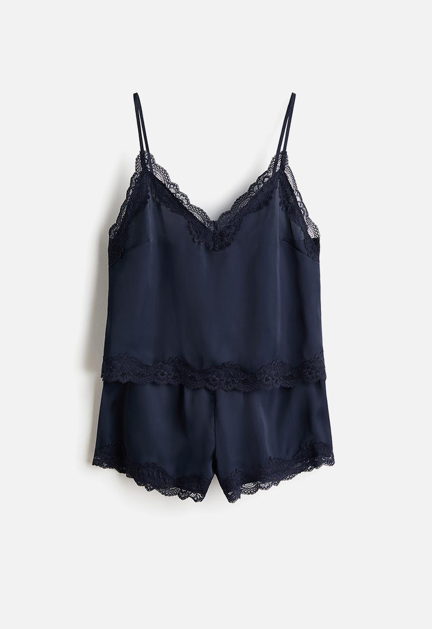 H&M - Lace-trimmed satin pyjamas - navy blue