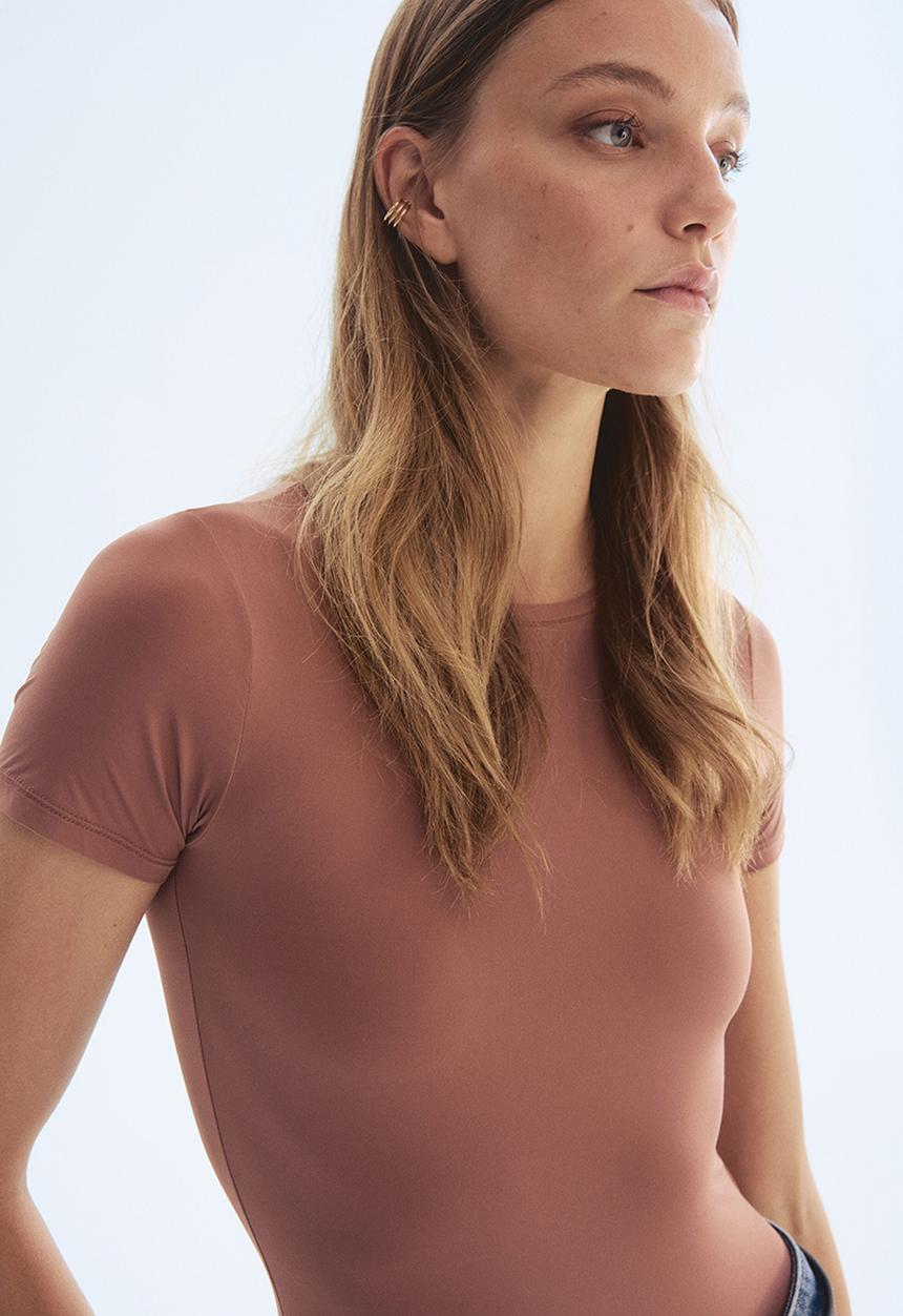 H&M - Short-sleeved microfibre body - dark dusty pink