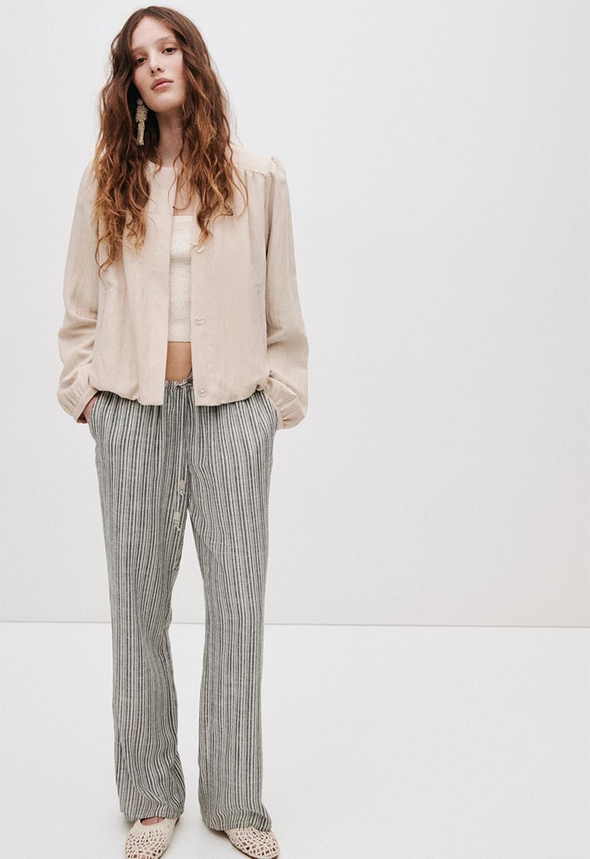 H&M - Linen-blend drawstring trousers - black/striped
