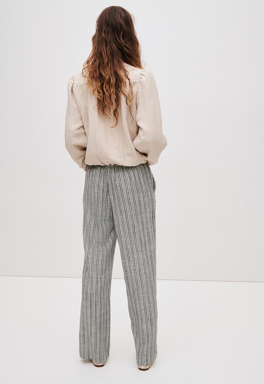 H&M - Linen-blend drawstring trousers - black/striped