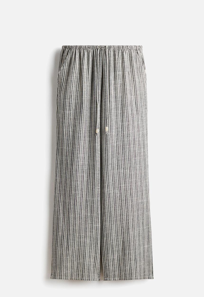 H&M - Linen-blend drawstring trousers - black/striped