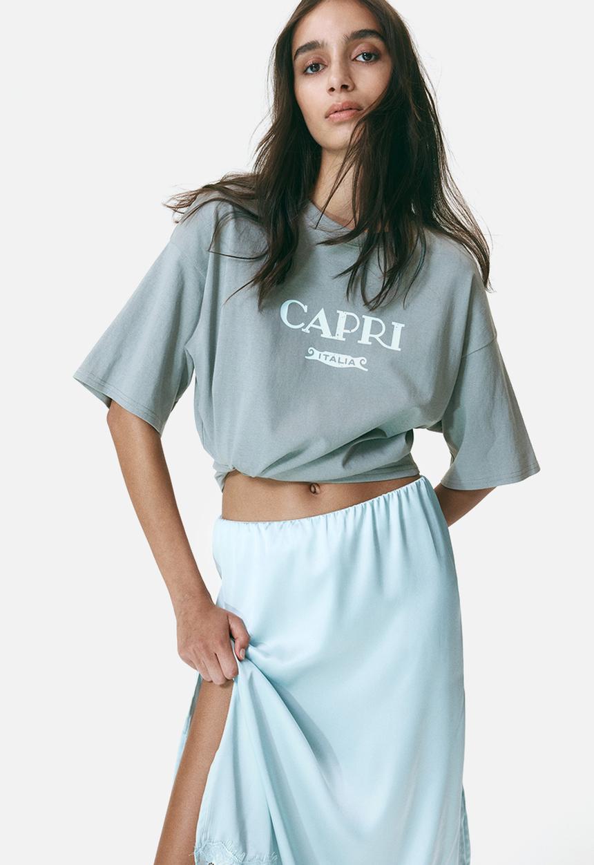 H&M - Oversized print-motif t-shirt - grey/capri