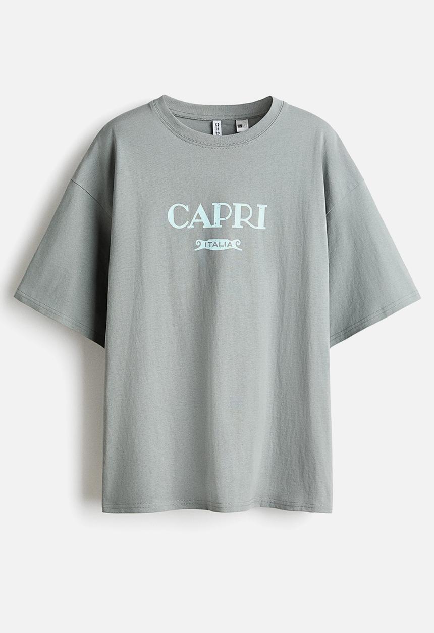 H&M - Oversized print-motif t-shirt - grey/capri