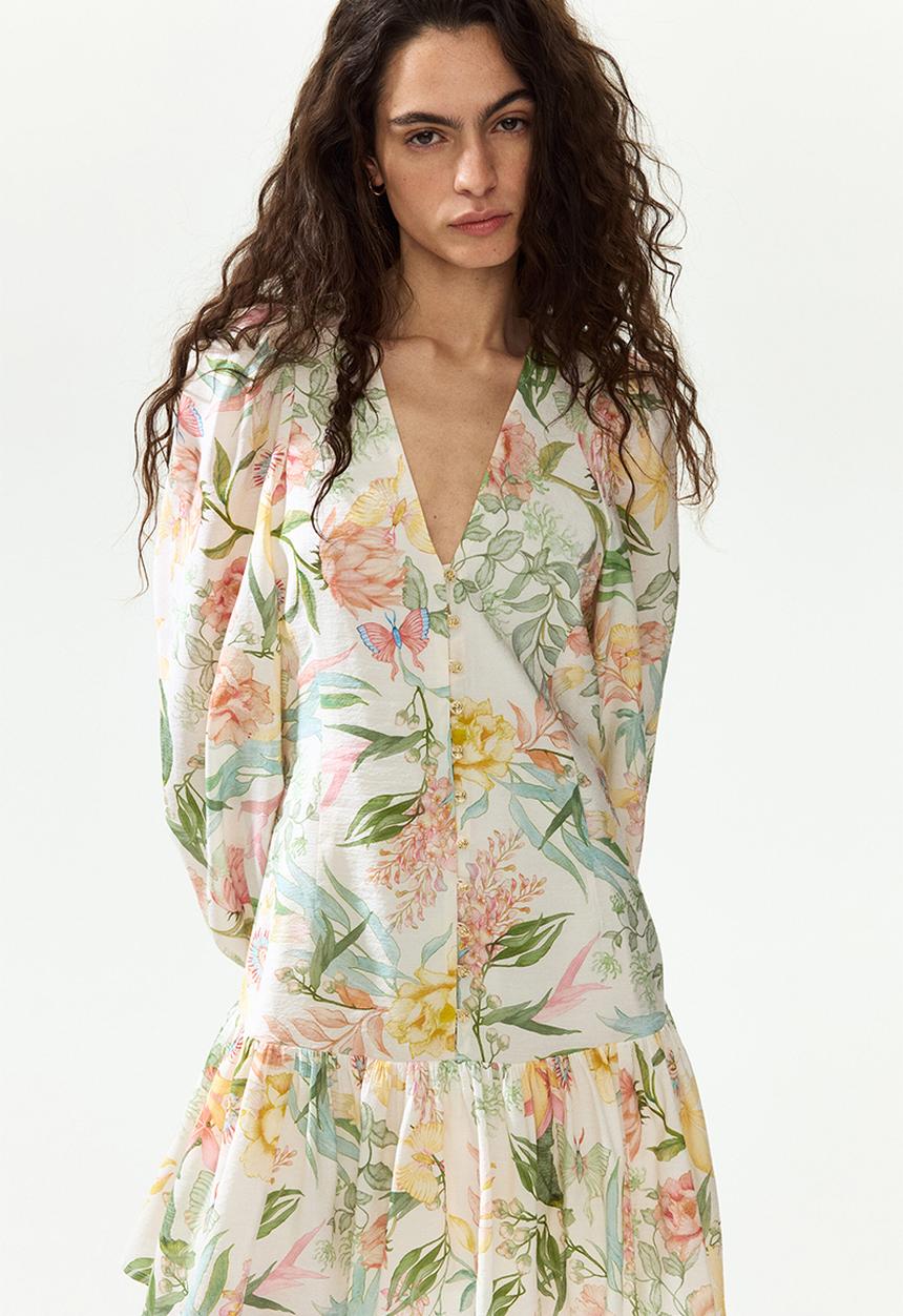 H&M - Balloon-sleeved tunic dress - cream/floral