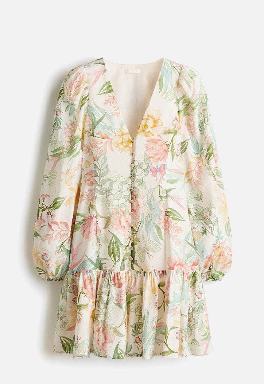 H&M - Balloon-sleeved tunic dress - cream/floral