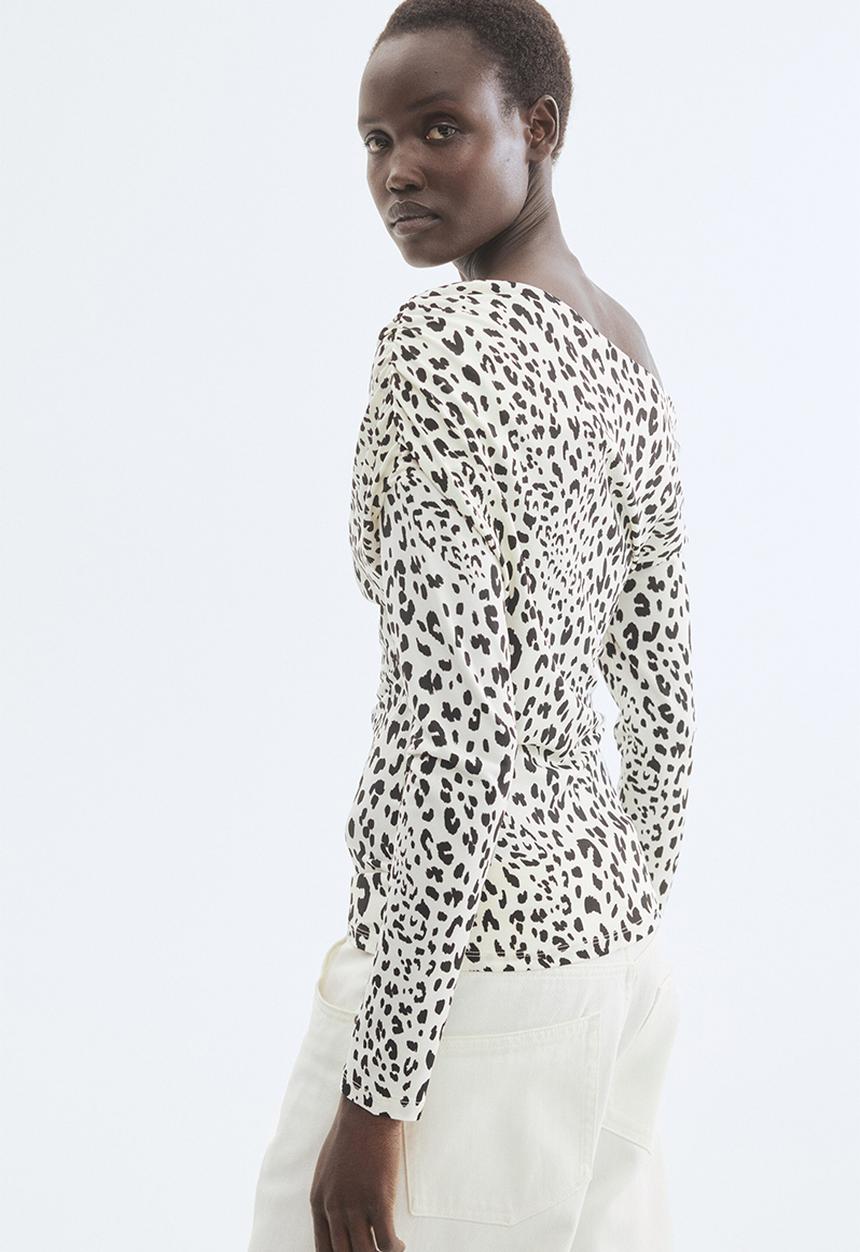 H&M - Draped one-shoulder top - white/leopard print