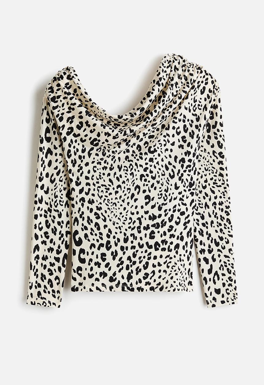 H&M - Draped one-shoulder top - white/leopard print