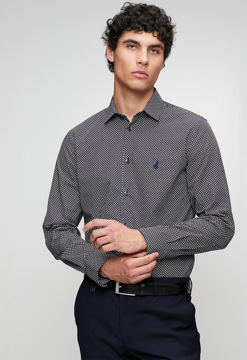 POLO - MENS LS GEO PRINT SHIRT - Black