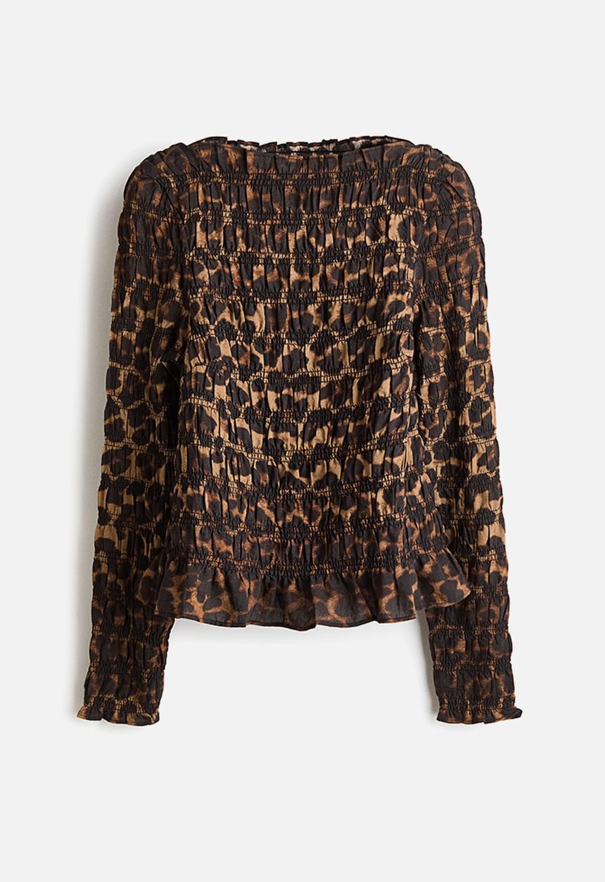 H&M - Smocked top - beige/leopard print
