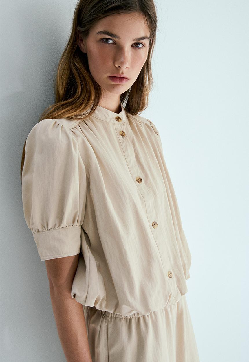 H&M - Bubble-hem twill blouse - light beige