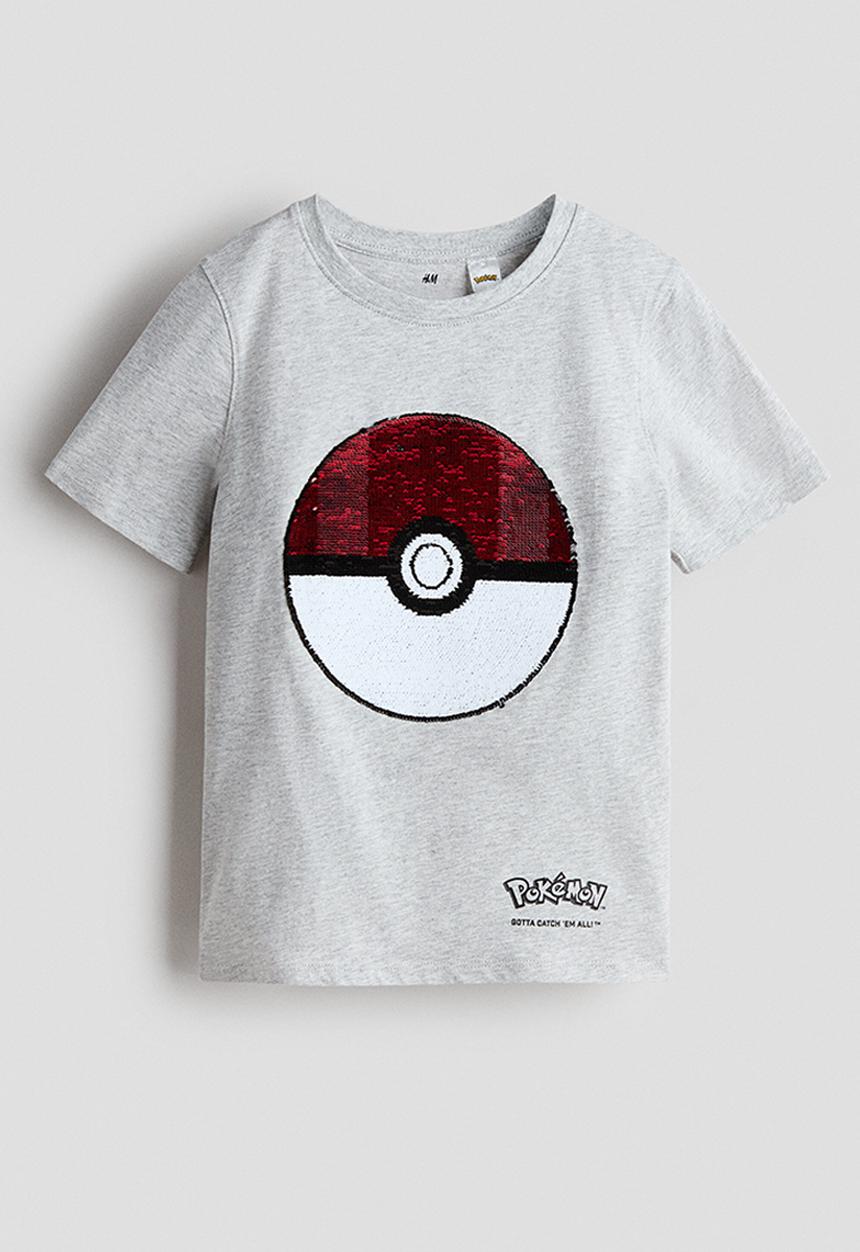 H&M - Reversible sequin t-shirt - light grey marl/pok?mon