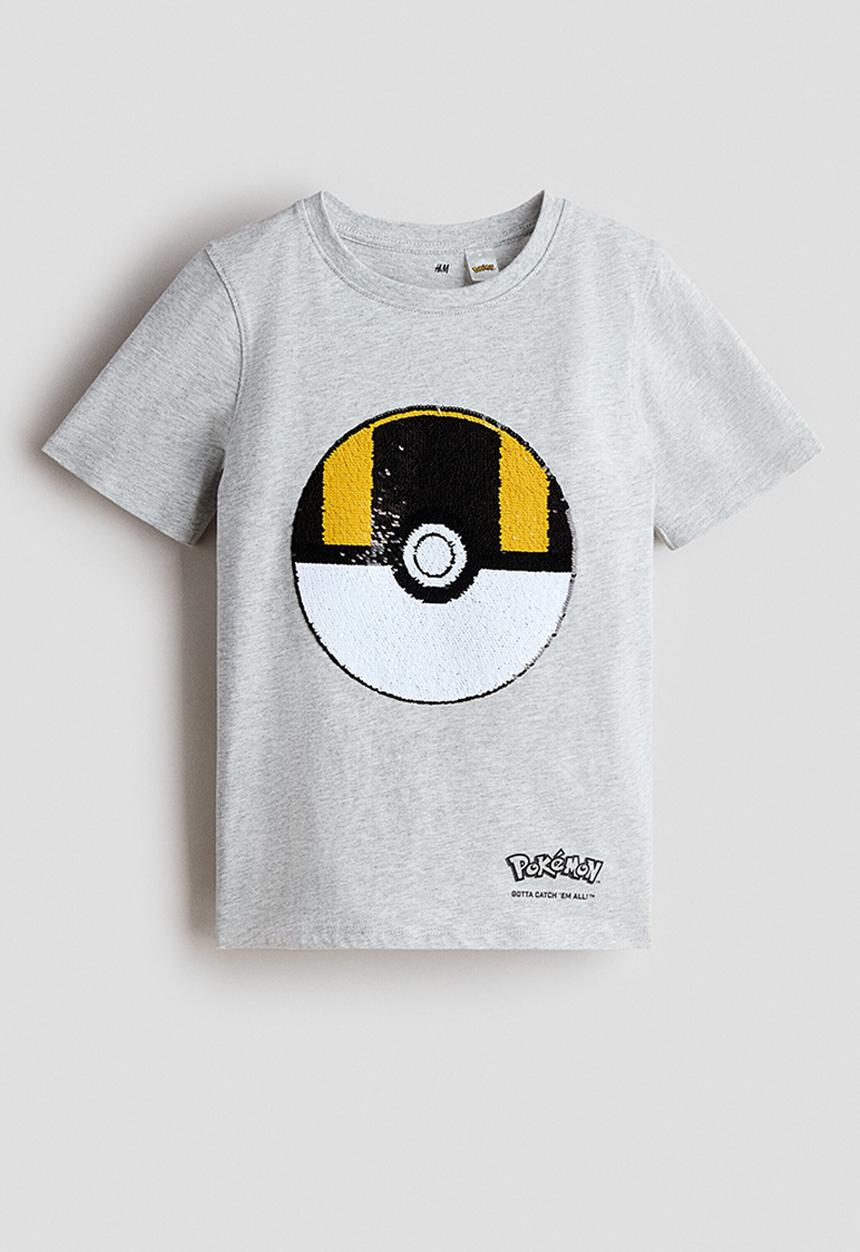 H&M - Reversible sequin t-shirt - light grey marl/pok?mon