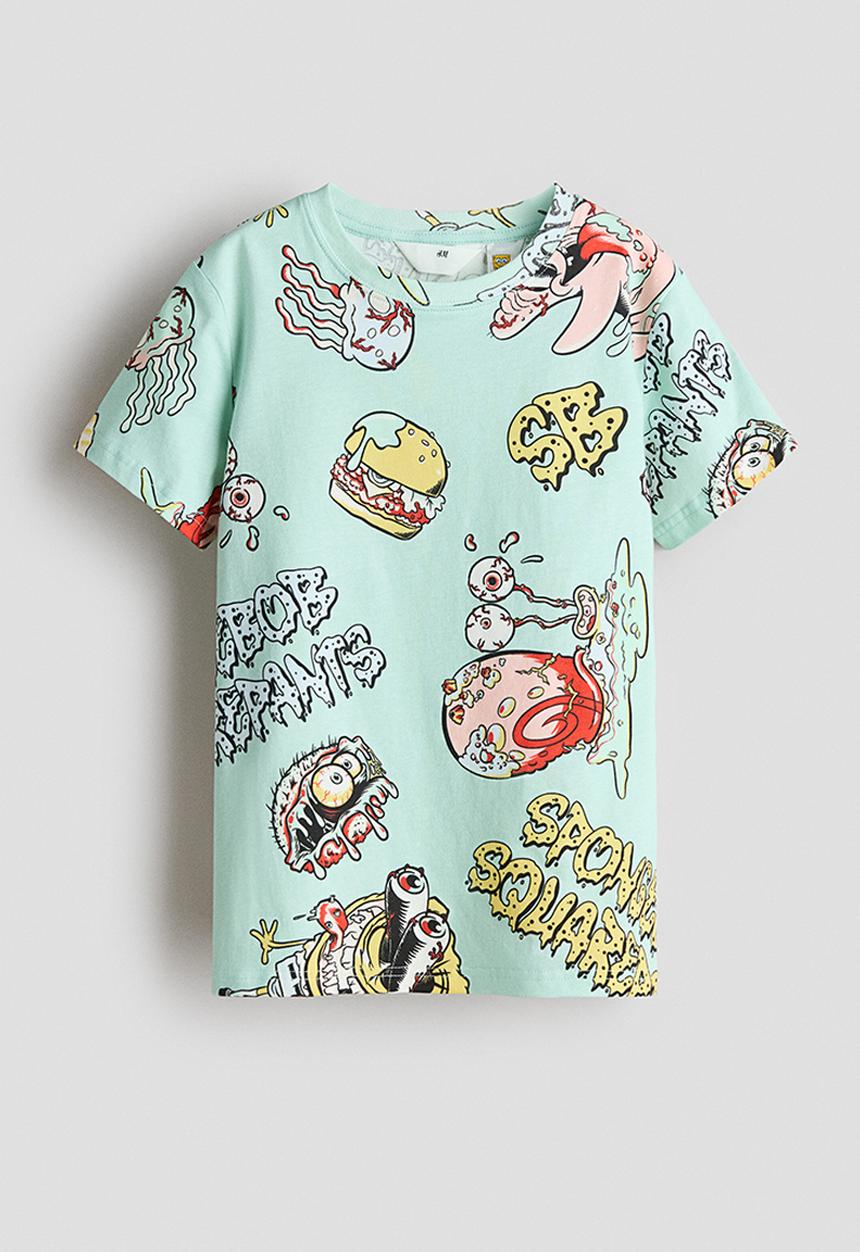 H&M - Print-motif cotton t-shirt - mint green/spongebob