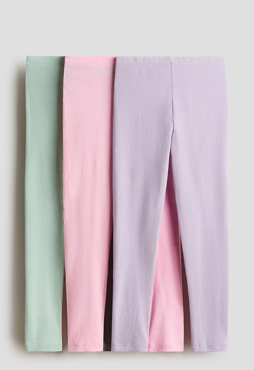H&M - 3-pack cotton jersey leggings - light green/purple/pink